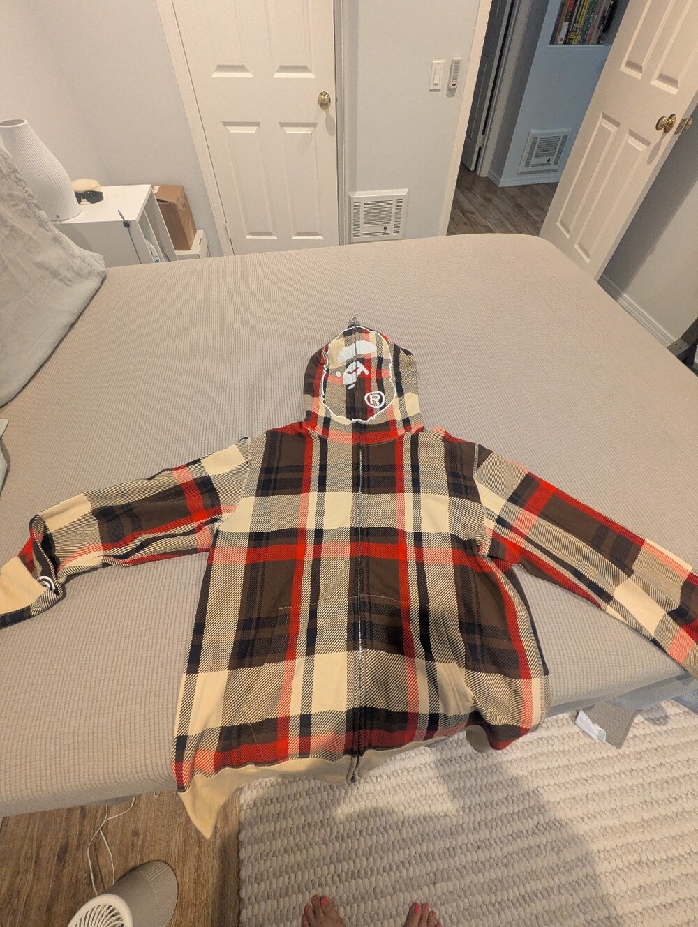 A Bathing Ape Plaid Zip-Up Hoodie with Hood - Red, Brown, Cream
